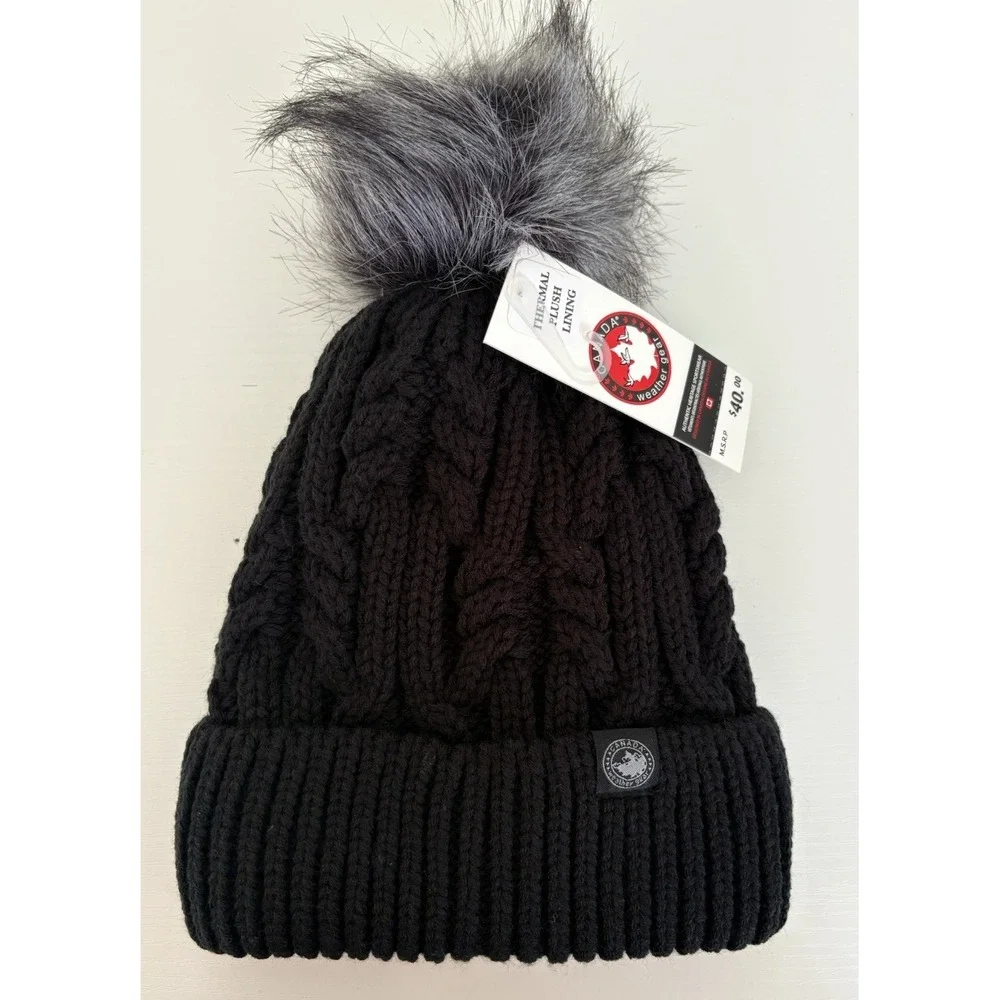 NWT Canada Weather Gear‎ Women's Beanie Hat Black Plush Lined W/Pom Pom Gorpcore
